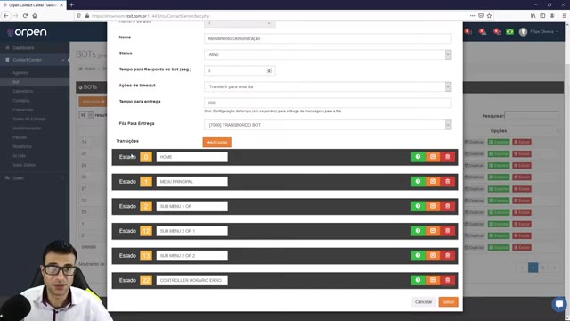 Editor de bot: cabeçalho e estados